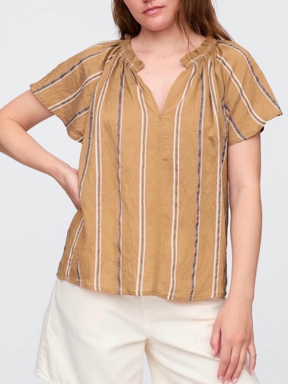 GAP Women’s Splitneck Short Sleeve Blouse Top Medium Brown Stripe